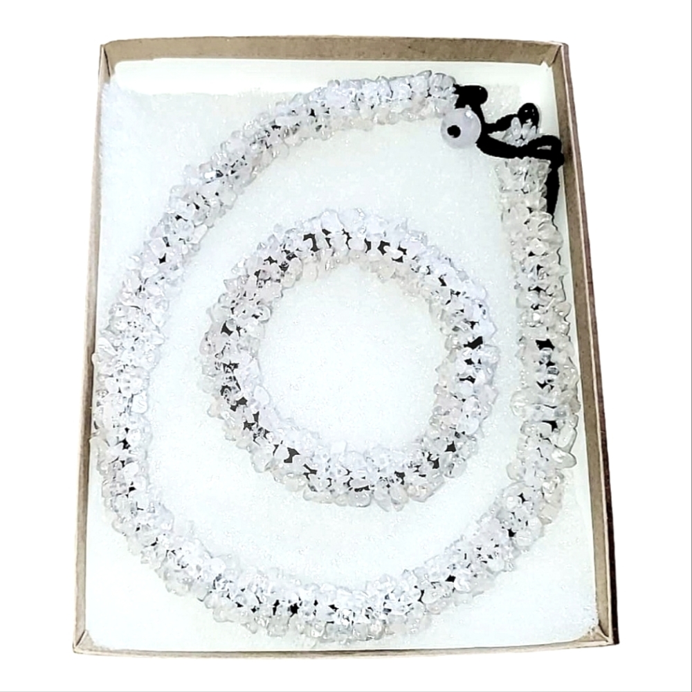 Gorgeous Crystal Chip Chunky Necklace & Bracelet Set White Clear  Clusters